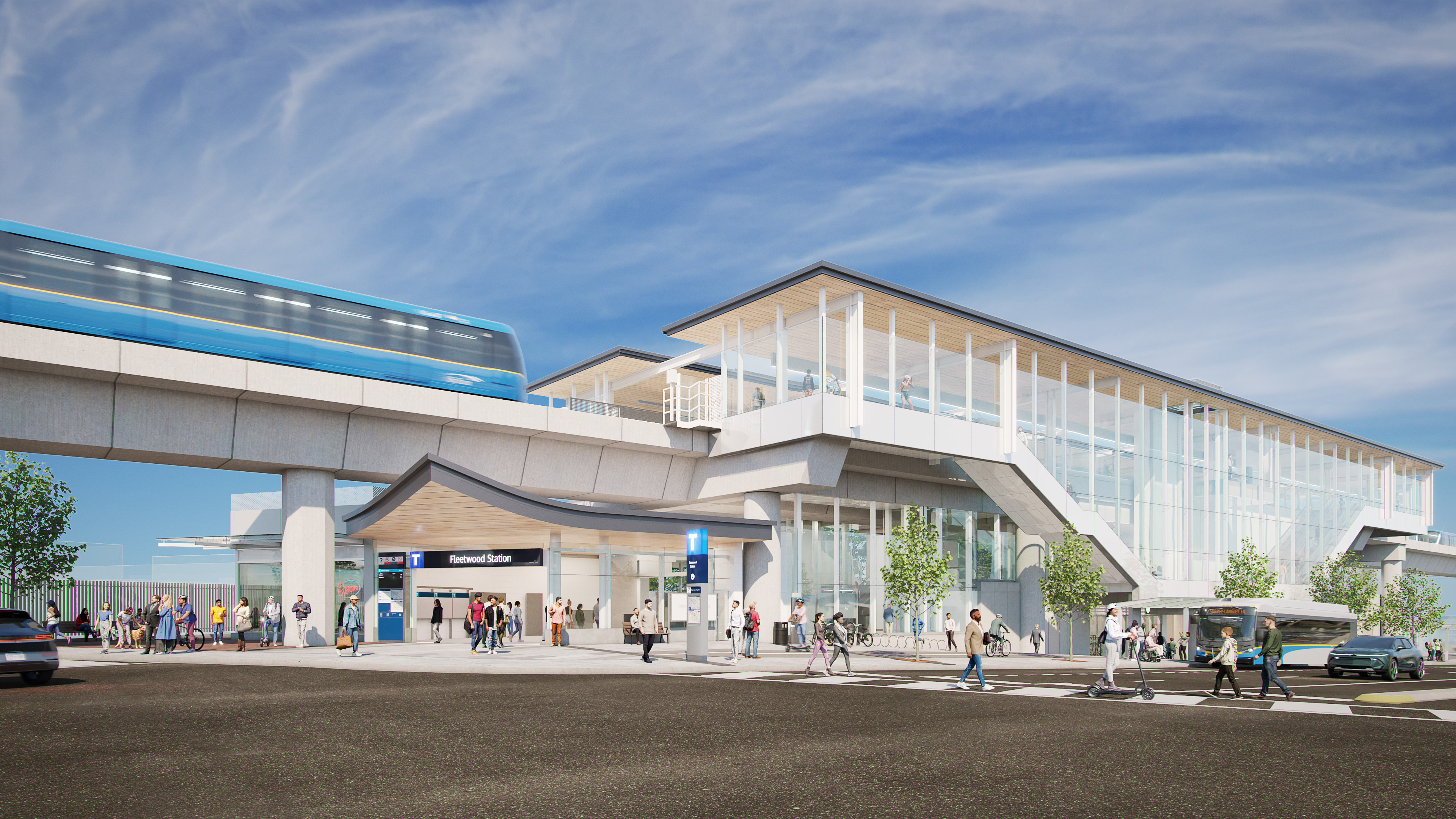 A render for Fleetwood Station on the Surrey Langley skytrain project. A train is arriving at the elevated station with people walking in at the ground level