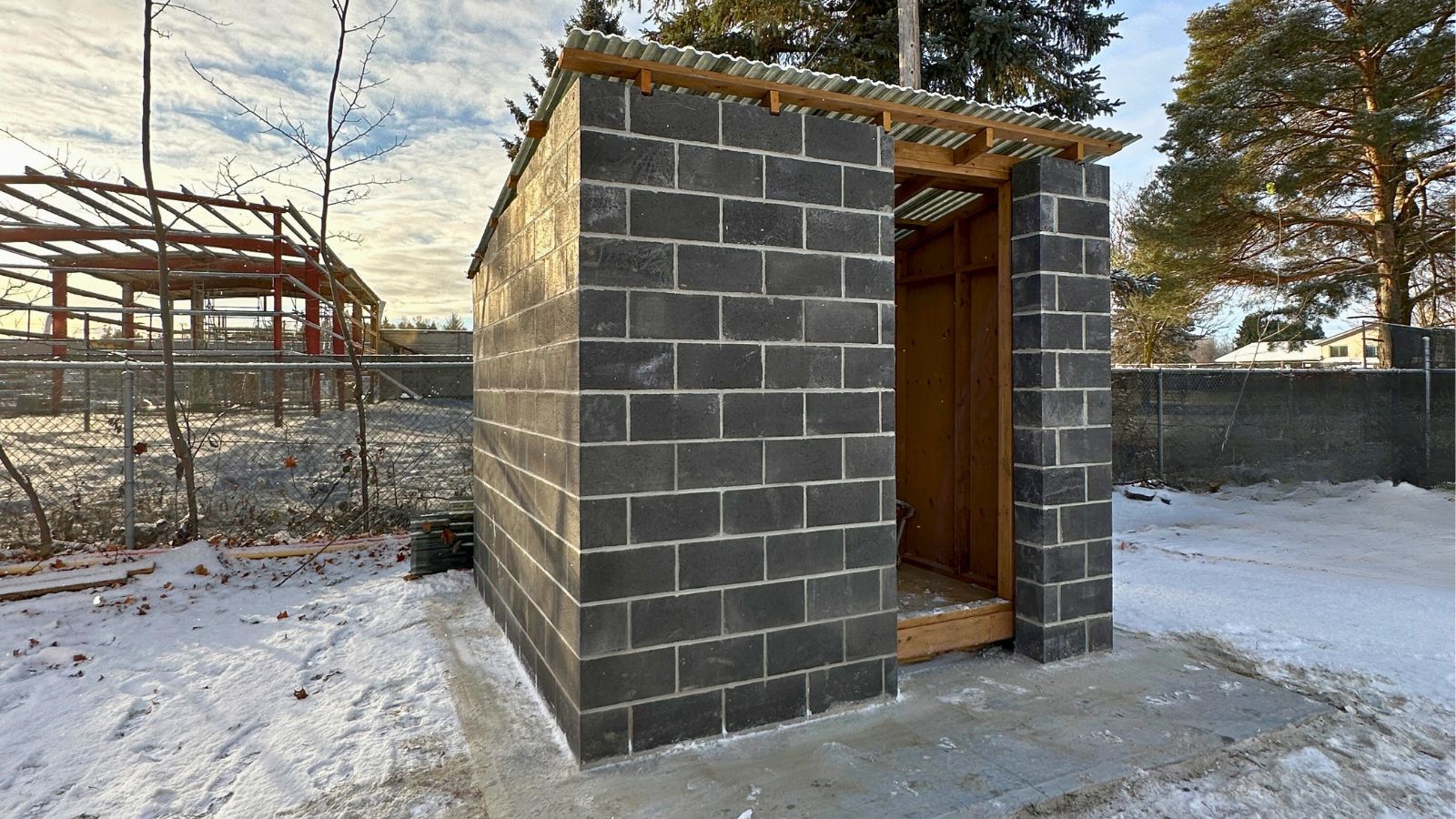 The law carbon building at Holland Landing, made of concrete blocks. 